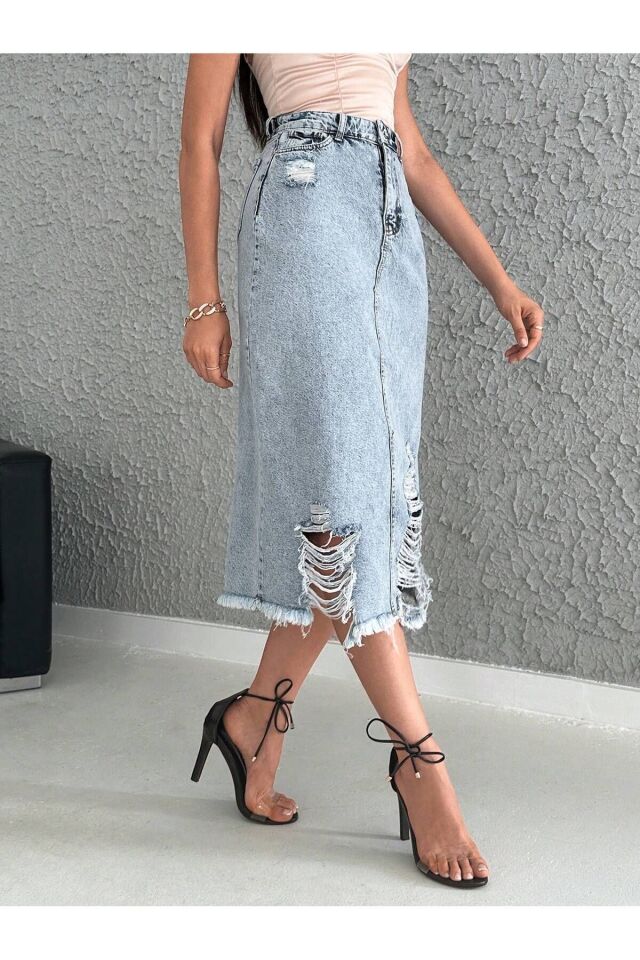 Kadın Açık Kar Yıkama Lazer Püsküllü Likrasız Kot Etek MAVİ - XL