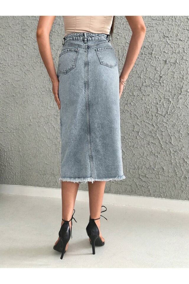 Kadın Açık Kar Yıkama Lazer Püsküllü Likrasız Kot Etek MAVİ - S