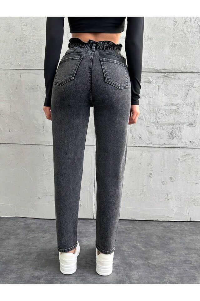 Kadın Bel Lastikli Siyah Kar Yıkama Mom Kalıp Likralı Jean GRİ - 31