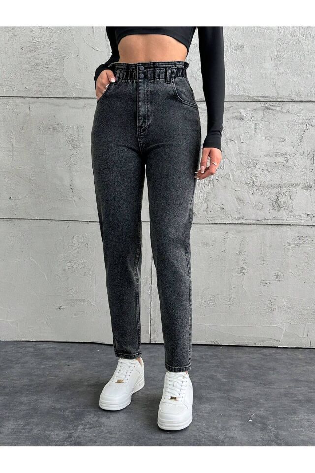 Kadın Bel Lastikli Siyah Kar Yıkama Mom Kalıp Likralı Jean GRİ - 31