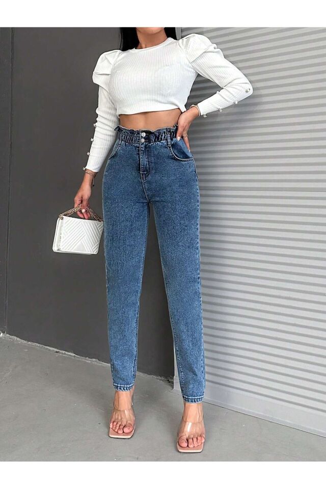 Kadın Bel Lastikli Siyah Kar Yıkama Mom Kalıp Likralı Jean KOYU MAVİ - 28