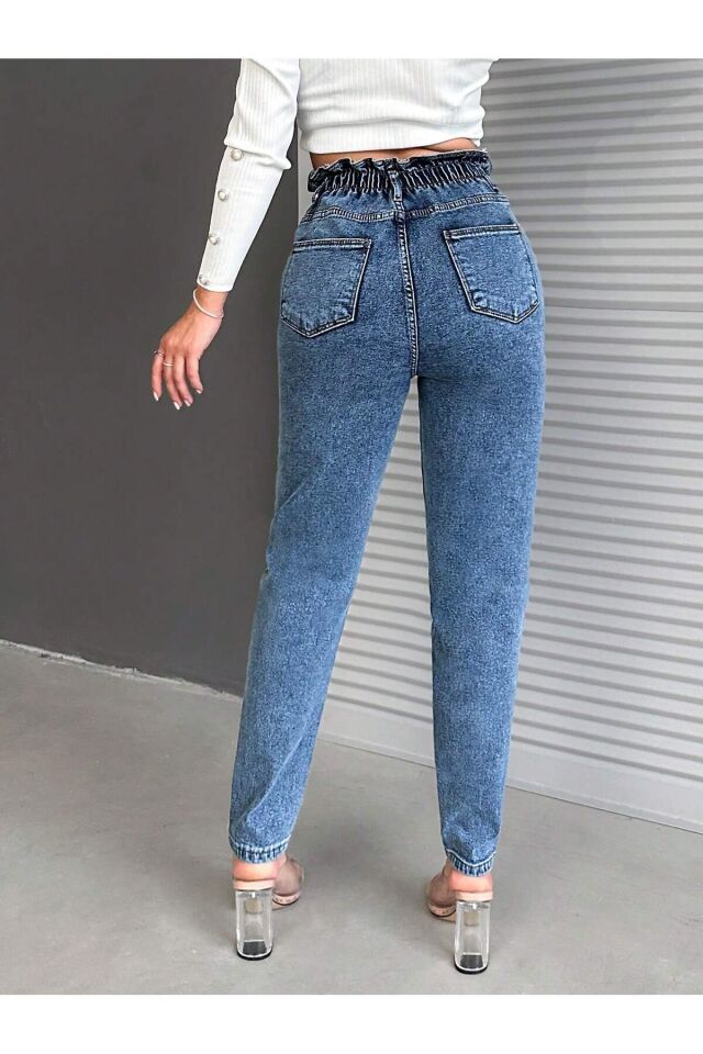 Kadın Bel Lastikli Siyah Kar Yıkama Mom Kalıp Likralı Jean KOYU MAVİ - 26