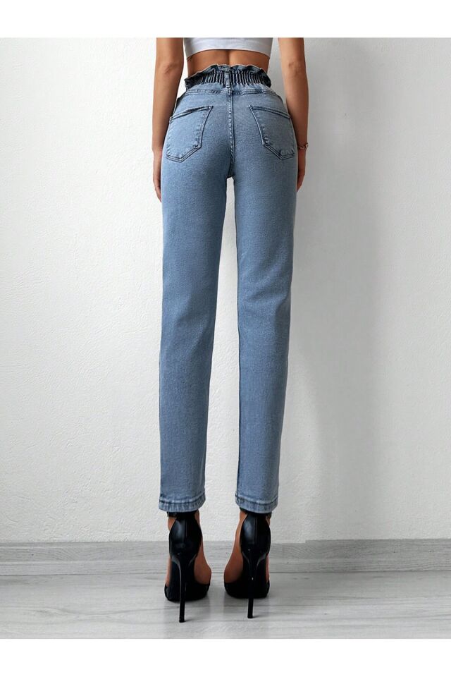 Kadın Bel Lastikli Siyah Kar Yıkama Mom Kalıp Likralı Jean MAVİ - 30