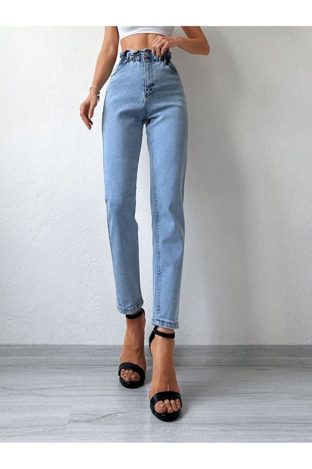 Kadın Bel Lastikli Siyah Kar Yıkama Mom Kalıp Likralı Jean MAVİ - 30