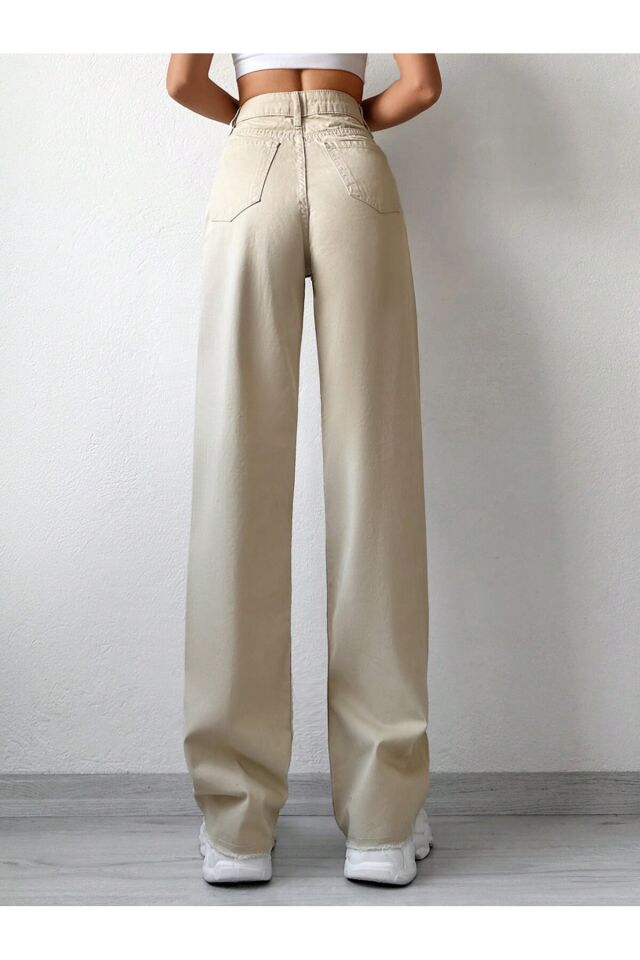 Kadın Bej Renk Yüksek Bel Paça Püsküllü Wide Leg Pantolon BEJ - 31