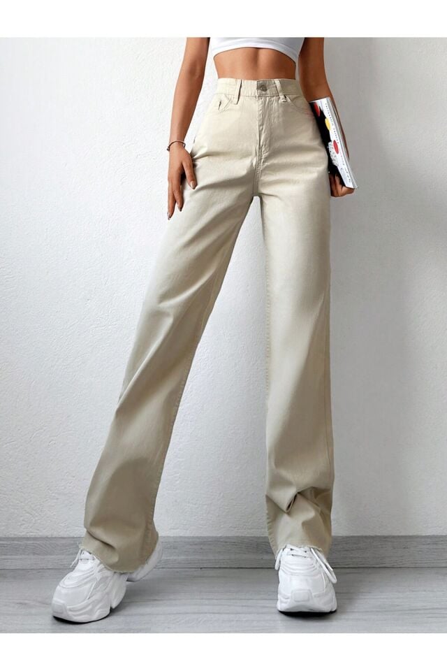 Kadın Bej Renk Yüksek Bel Paça Püsküllü Wide Leg Pantolon BEJ - 26