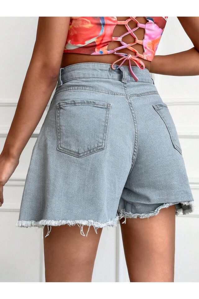 Kadın Yüksek Bel Paça Püsküllü Mavi Denim Şort MAVİ - 29