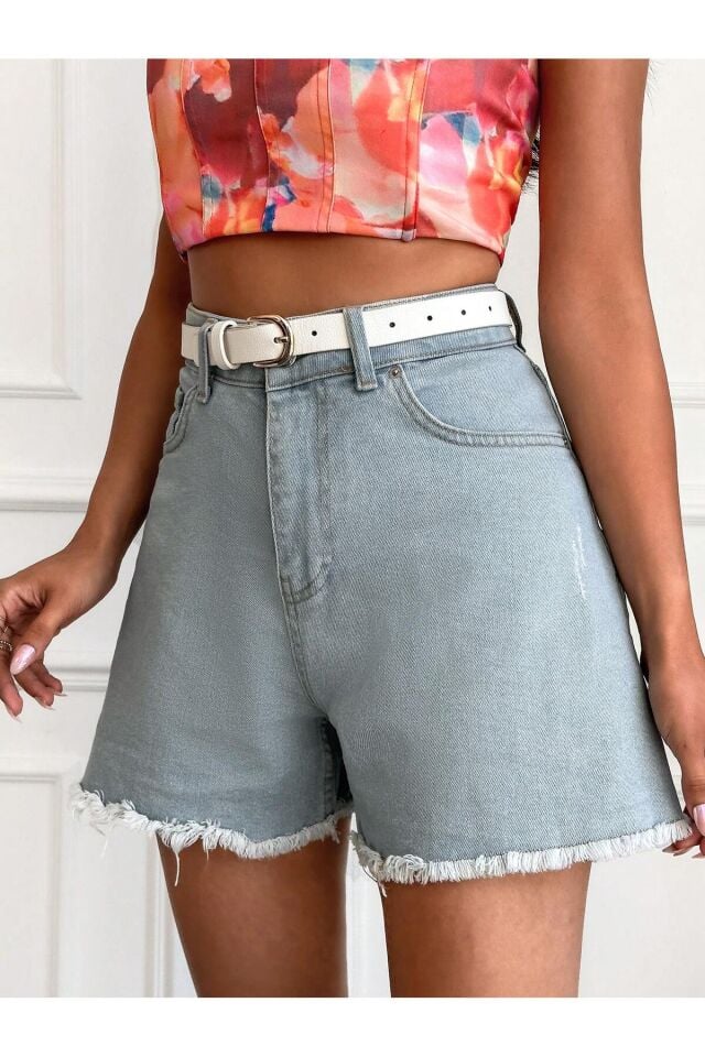 Kadın Yüksek Bel Paça Püsküllü Mavi Denim Şort MAVİ - 29
