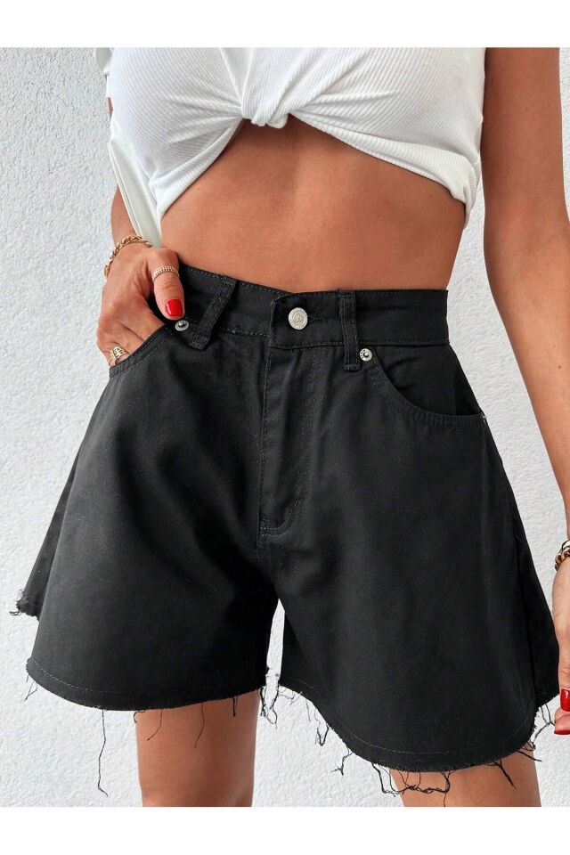 Kadın Yüksek Bel Paça Püsküllü Mavi Denim Şort SİYAH - 29