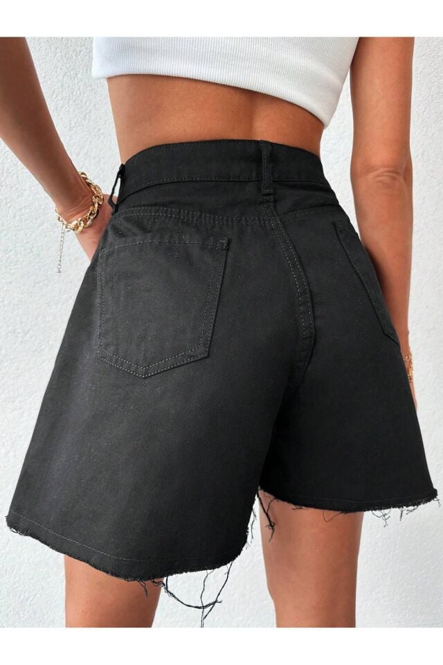 Kadın Yüksek Bel Paça Püsküllü Mavi Denim Şort SİYAH - 30