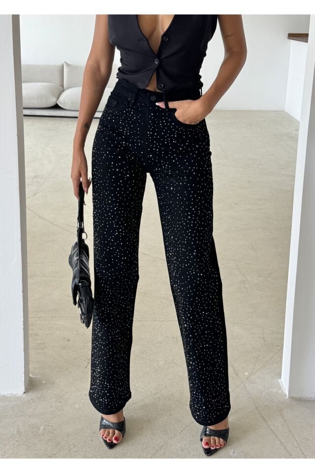 Kadın Yüksek Bel Vintage Parlak Taş Desenli Özel Tasarım Likralı Palazzo Denim Jean Siyah - 38