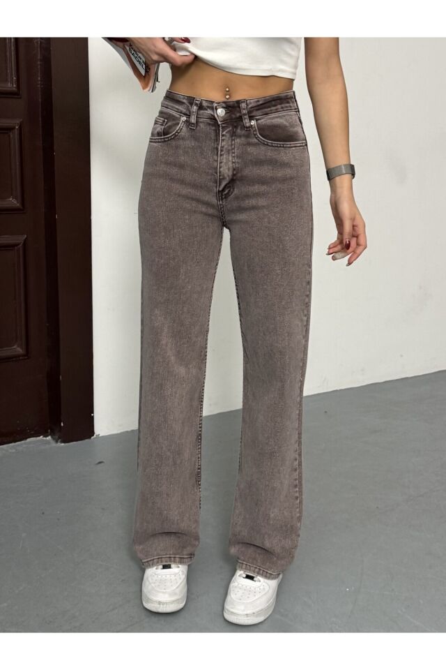 Kadın Kahverengi Yüksel Bel Likralı Wide Leg Palazzo Jean Kahverengi - 44