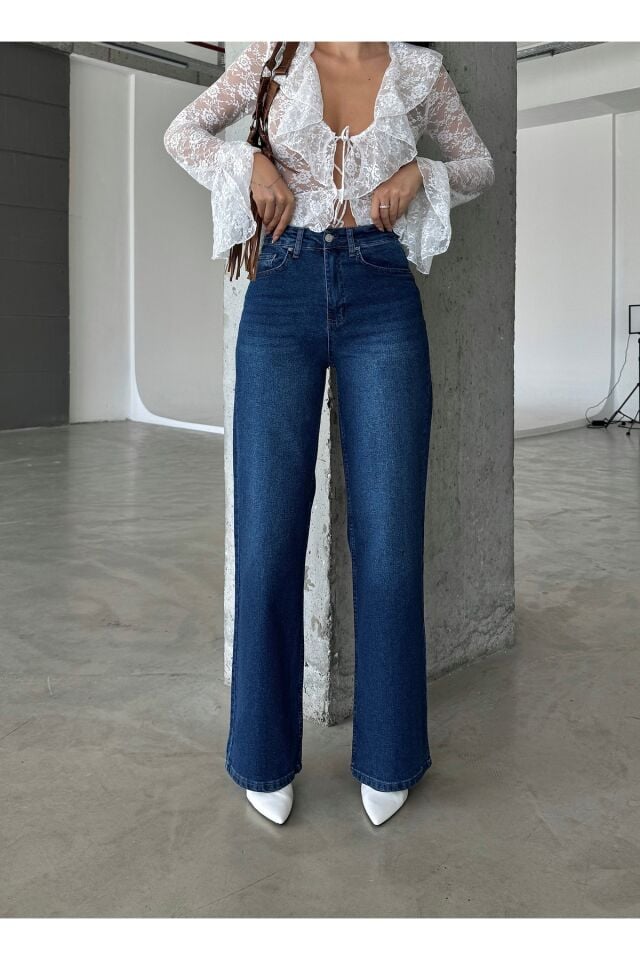 Kadın Kahverengi Yüksel Bel Likralı Wide Leg Palazzo Jean Koyu Mavi Bıyık - 44/31