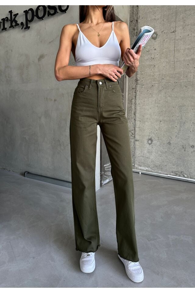 Kadın Kahverengi Yüksel Bel Likralı Wide Leg Palazzo Jean Haki - 42/30