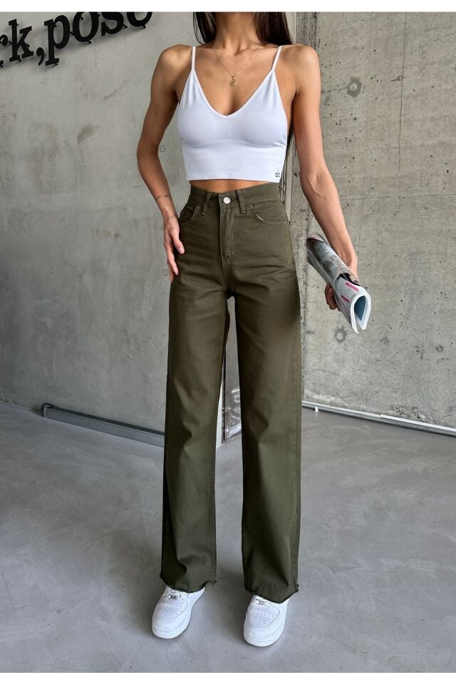Kadın Kahverengi Yüksel Bel Likralı Wide Leg Palazzo Jean Haki - 42/30