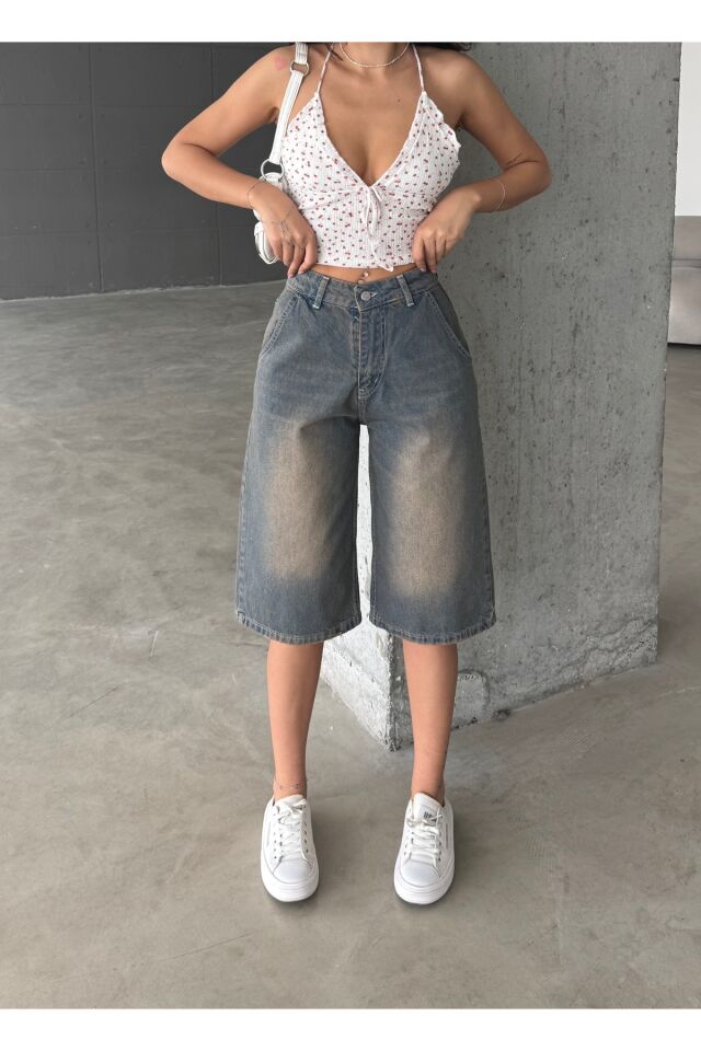 Kadın Yüksek Bel Soluk Efektli Vintage Bol Kesim Geniş Paça Baggy Denim Bermuda Şort Koyu Mavi - 40