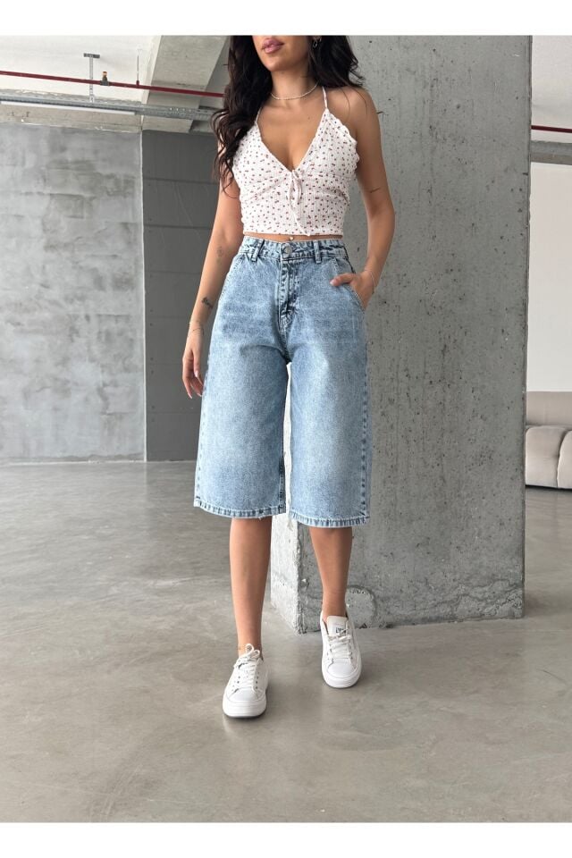 Kadın Yüksek Bel Soluk Efektli Vintage Bol Kesim Geniş Paça Baggy Denim Bermuda Şort Mavi - 38