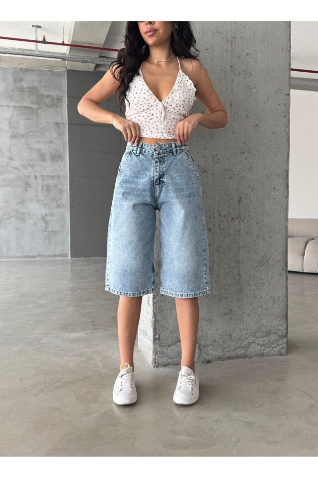Kadın Yüksek Bel Soluk Efektli Vintage Bol Kesim Geniş Paça Baggy Denim Bermuda Şort Mavi - 38