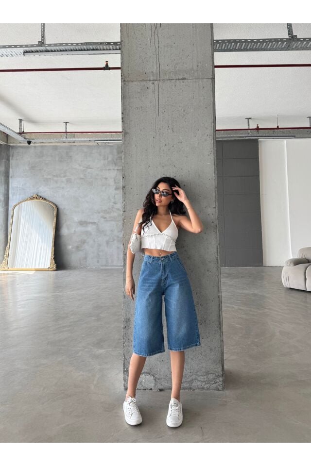 Kadın Yüksek Bel Soluk Efektli Vintage Bol Kesim Geniş Paça Baggy Denim Bermuda Şort Orta Mavi - 36