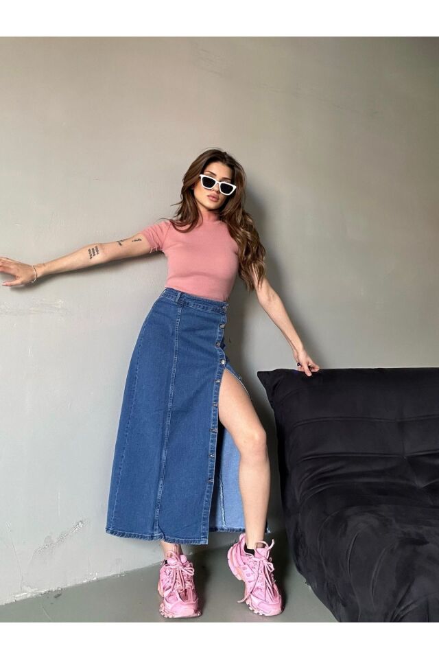 Kadın Önü Düğmeli Maxi Boy Leopar Desenli Likralı Denim Etek Orta Mavi - 2XL