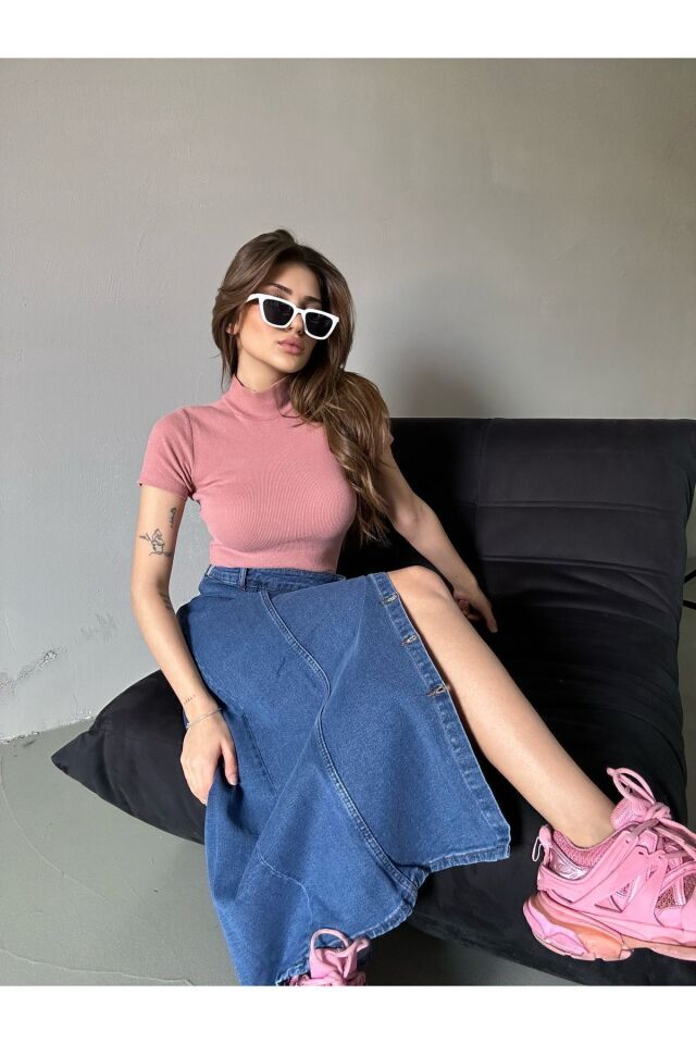 Kadın Önü Düğmeli Maxi Boy Leopar Desenli Likralı Denim Etek Orta Mavi - 2XL