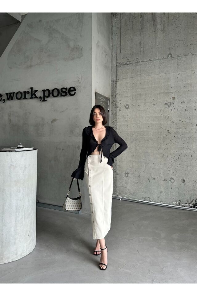 Kadın Önü Düğmeli Maxi Boy Leopar Desenli Likralı Denim Etek Bej - L