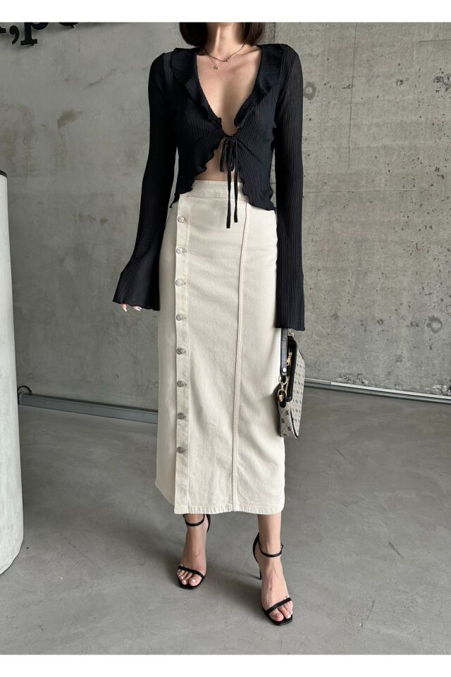 Kadın Önü Düğmeli Maxi Boy Leopar Desenli Likralı Denim Etek Bej - L