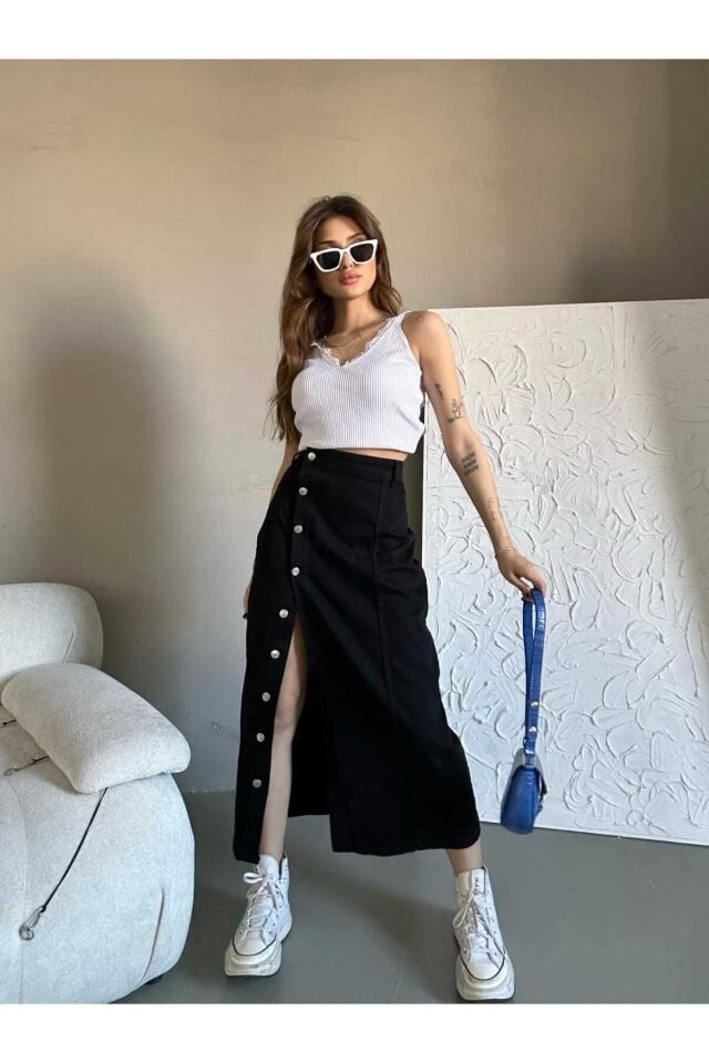 Kadın Önü Düğmeli Maxi Boy Leopar Desenli Likralı Denim Etek Siyah - L