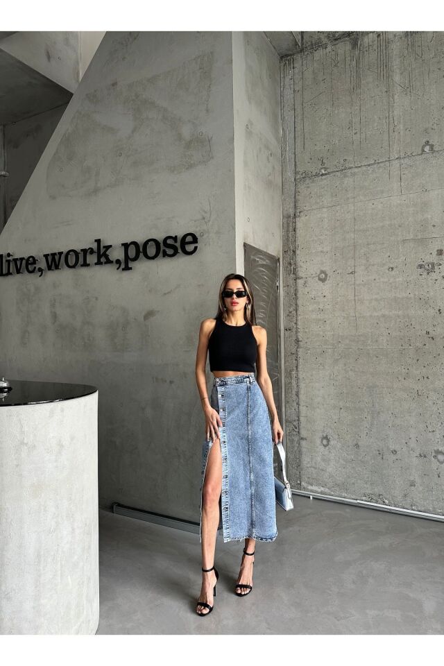 Kadın Önü Düğmeli Maxi Boy Leopar Desenli Likralı Denim Etek Buz mavi - L