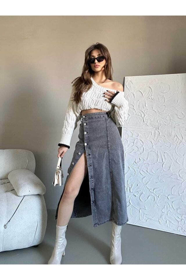 Kadın Önü Düğmeli Maxi Boy Leopar Desenli Likralı Denim Etek Antrasit - 2XL