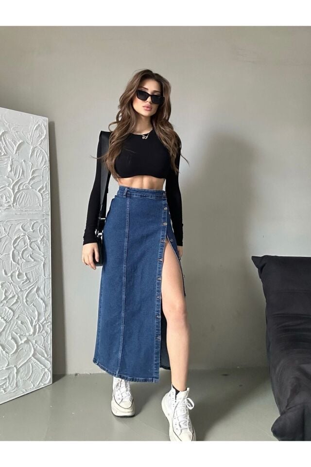 Kadın Önü Düğmeli Maxi Boy Leopar Desenli Likralı Denim Etek en koyu mavi - S