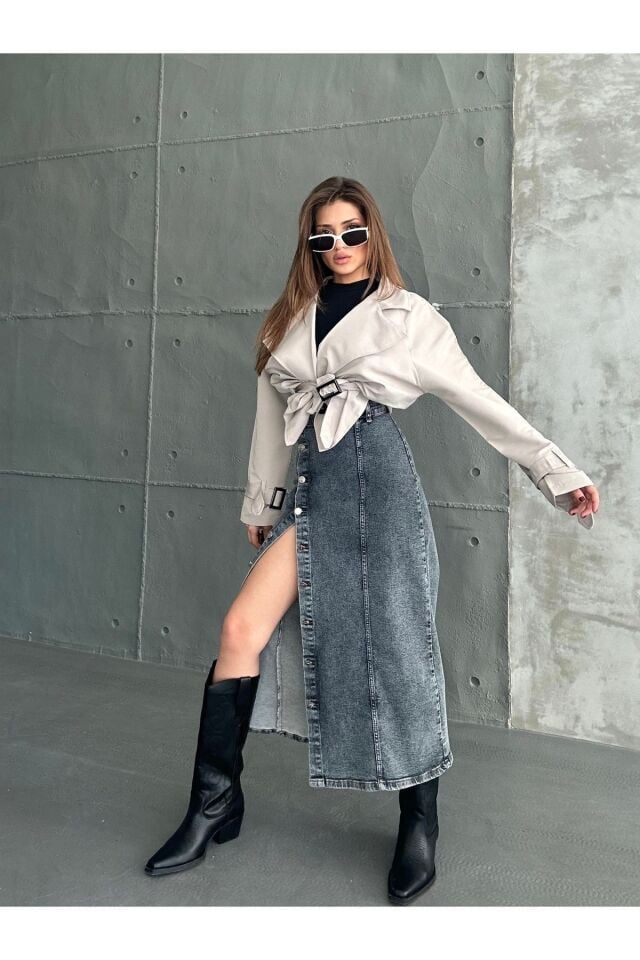 Kadın Önü Düğmeli Maxi Boy Leopar Desenli Likralı Denim Etek Dark Blue - 2XL