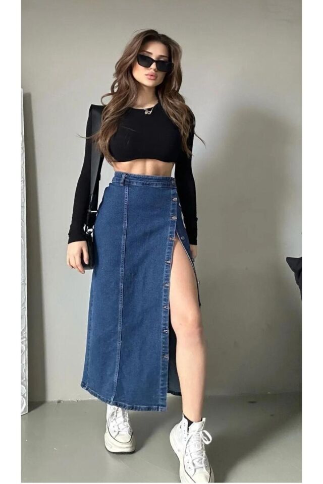 Kadın Önü Düğmeli Maxi Boy Leopar Desenli Likralı Denim Etek Koyu Mavi - L