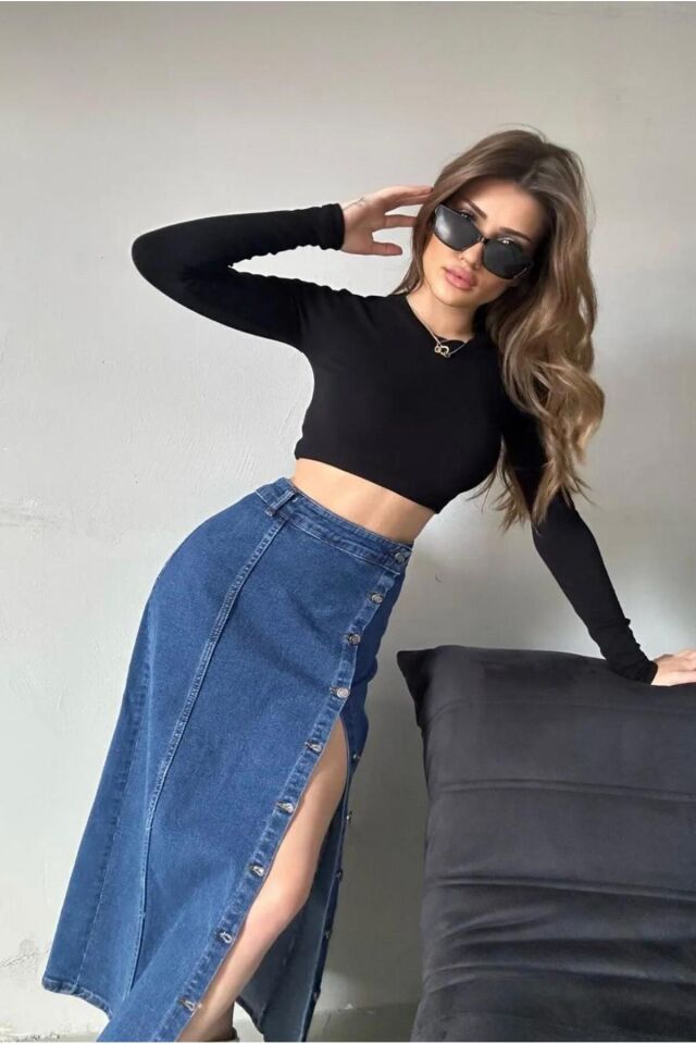 Kadın Önü Düğmeli Maxi Boy Leopar Desenli Likralı Denim Etek Koyu Mavi - M