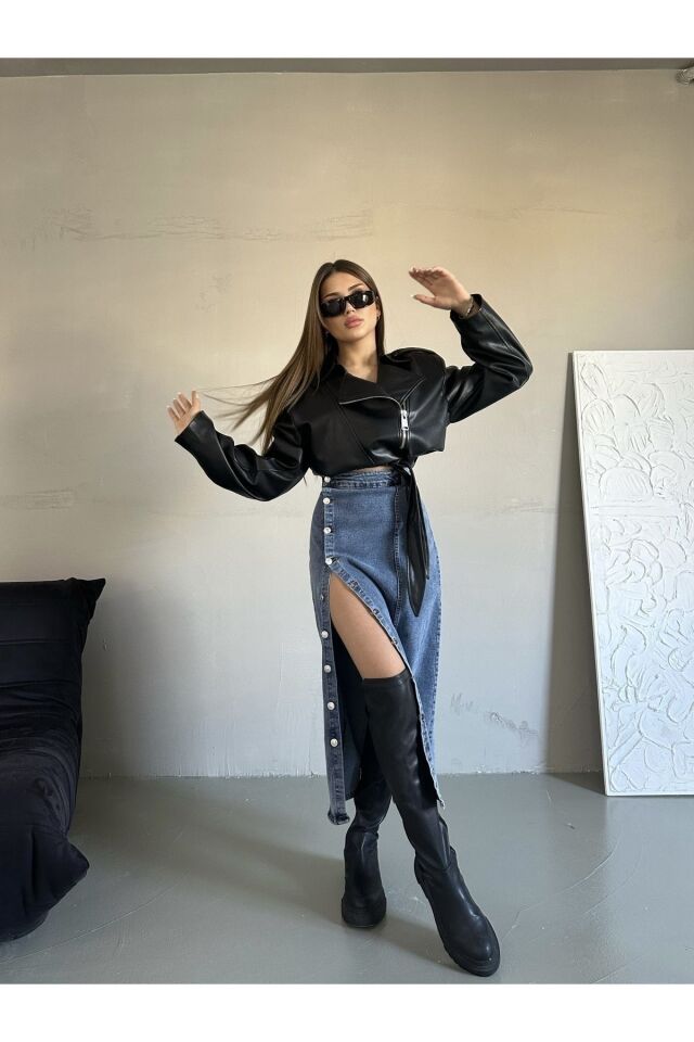 Kadın Önü Düğmeli Maxi Boy Leopar Desenli Likralı Denim Etek MAVİ - XL