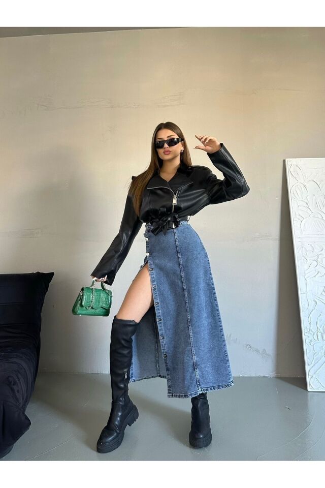 Kadın Önü Düğmeli Maxi Boy Leopar Desenli Likralı Denim Etek MAVİ - XL
