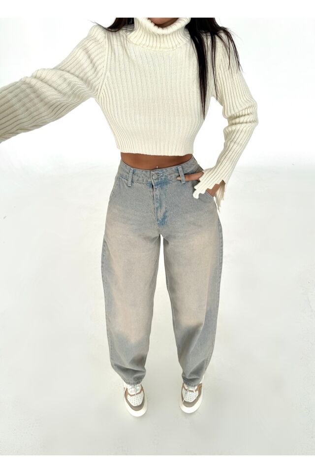 Kadın Soluk Efektli Vintage Bol Kesim Geniş Paça Baggy Jean Pantolon Mavi - 36/27