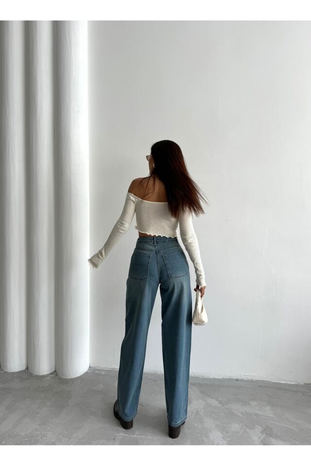 Kadın Soluk Efektli Vintage Bol Kesim Geniş Paça Baggy Jean Pantolon mavi sarı tint - 42/30