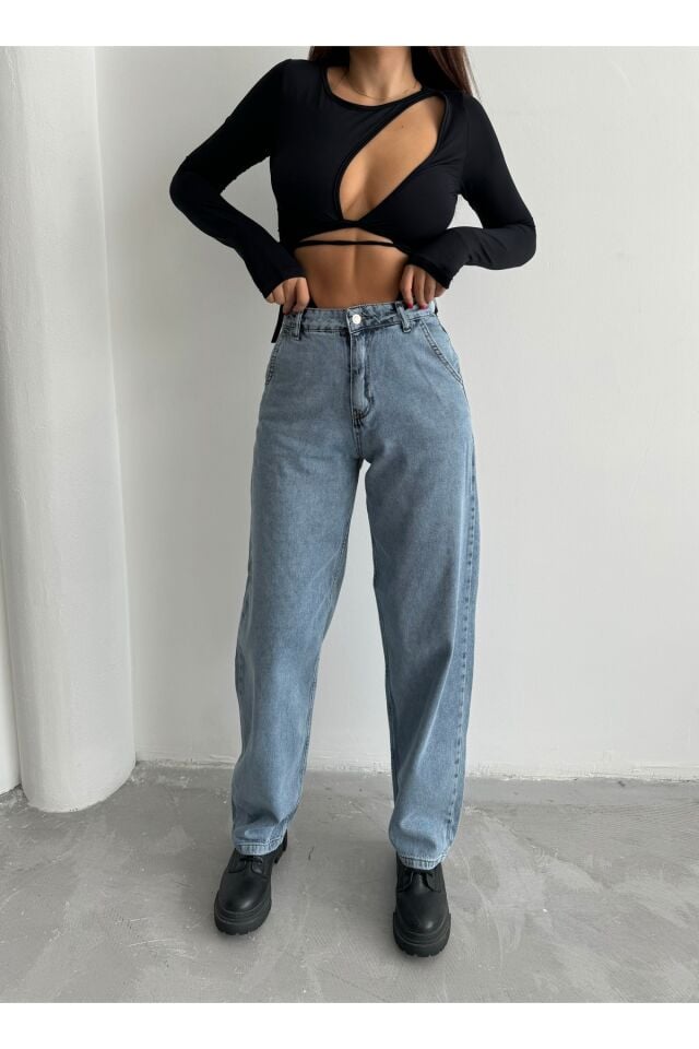 Kadın Soluk Efektli Vintage Bol Kesim Geniş Paça Baggy Jean Pantolon Buz Mavi - 38/28