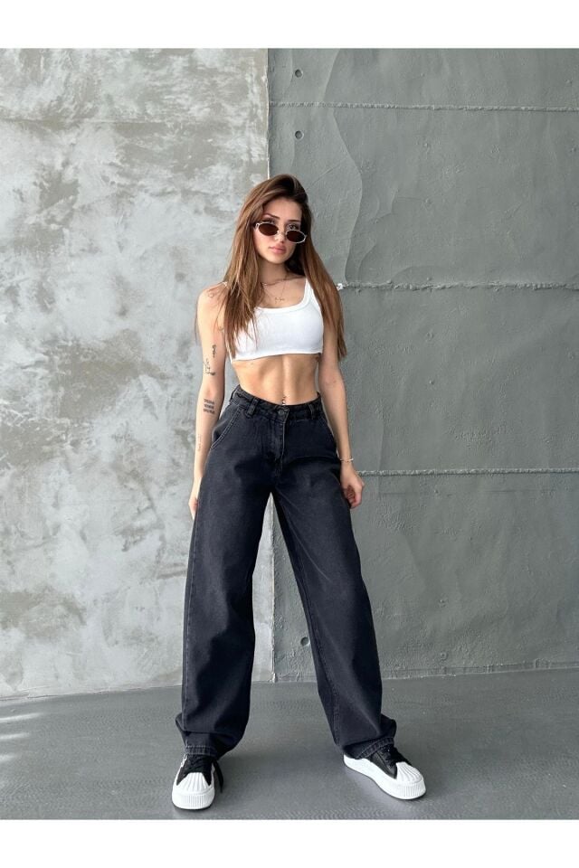 Kadın Soluk Efektli Vintage Bol Kesim Geniş Paça Baggy Jean Pantolon Siyah Enzim - 36/27