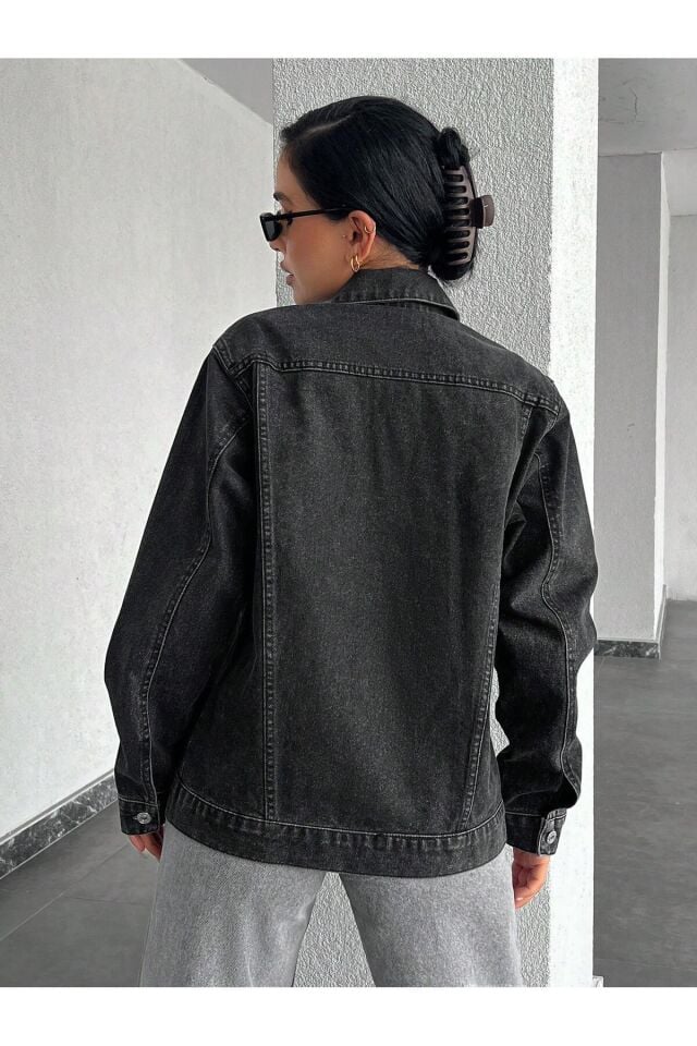 Kadın Beli Kuşaklı Mavi Kar Yıkama Oversize Kot Ceket Antrasit - S