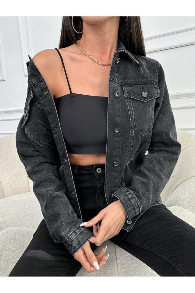 Kadın Beli Kuşaklı Mavi Kar Yıkama Oversize Kot Ceket GRİ - M