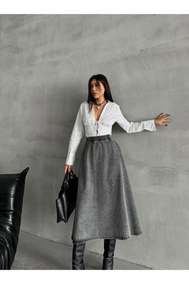 Kadın Yüksek Bel Midi Boy Beli Lastikli Kloş Denim Etek Antrasit - L