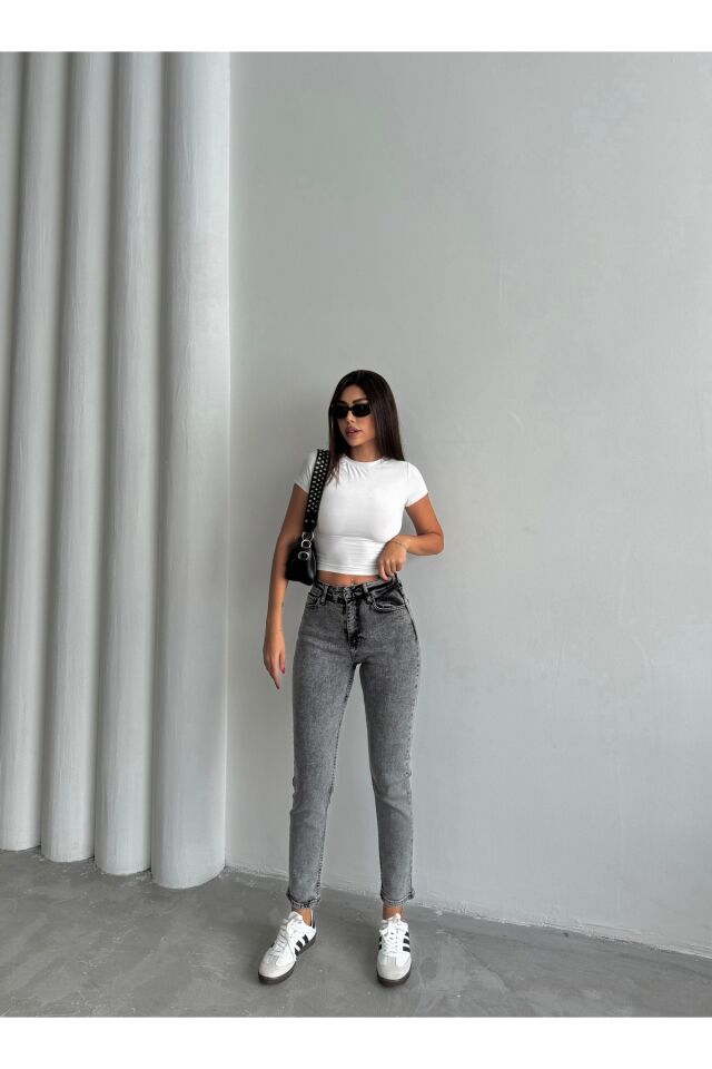 Kadın Likralı Yüksek Bel Mom Jeans Gri - 27