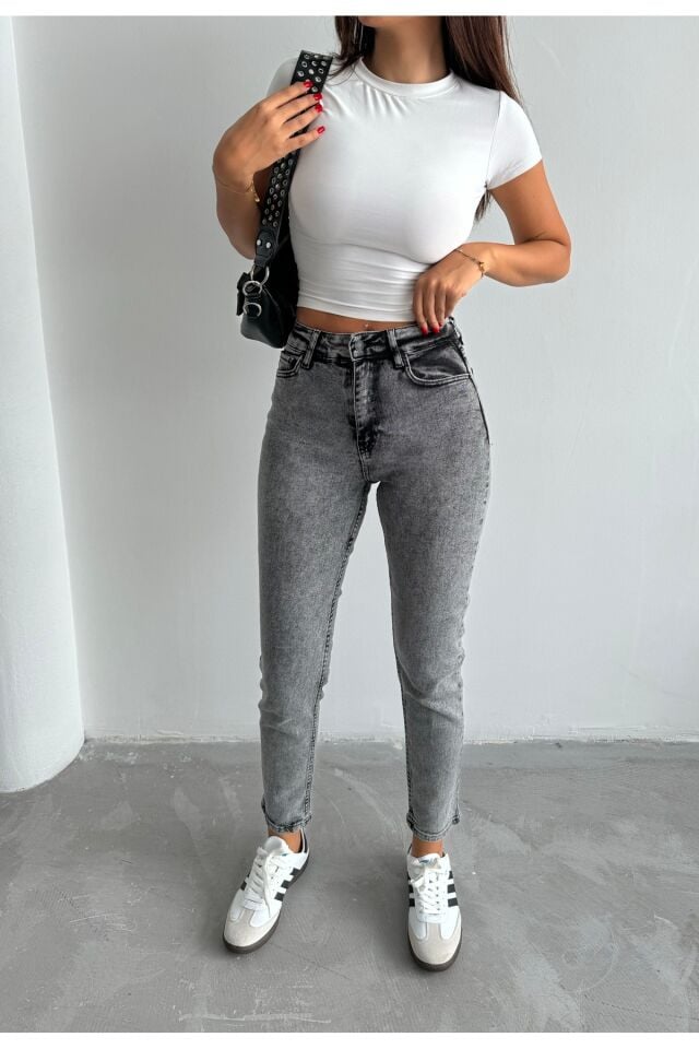 Kadın Likralı Yüksek Bel Mom Jeans Gri - 31