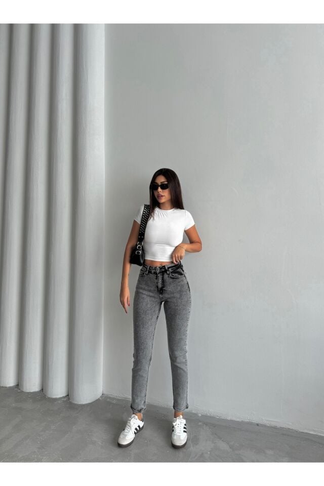 Kadın Likralı Yüksek Bel Mom Jeans Gri - 42/30