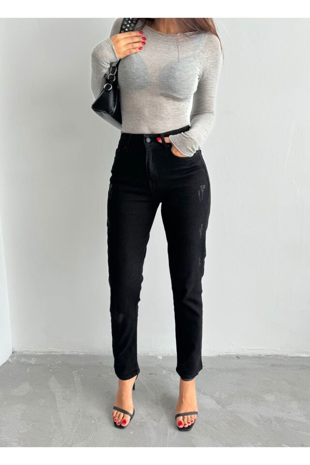 Kadın Likralı Yüksek Bel Mom Jeans Siyah Destro - 36/27