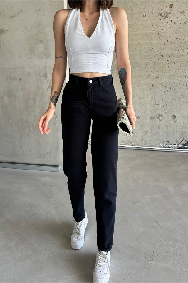 Kadın Likralı Yüksek Bel Mom Jeans Koyu Mavi - 42