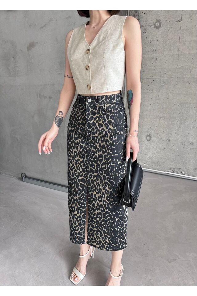 Kadın Yırtmaçlı Siyah Haki Renk Leopar Desen Likralı Kot Etek Yeşil - L
