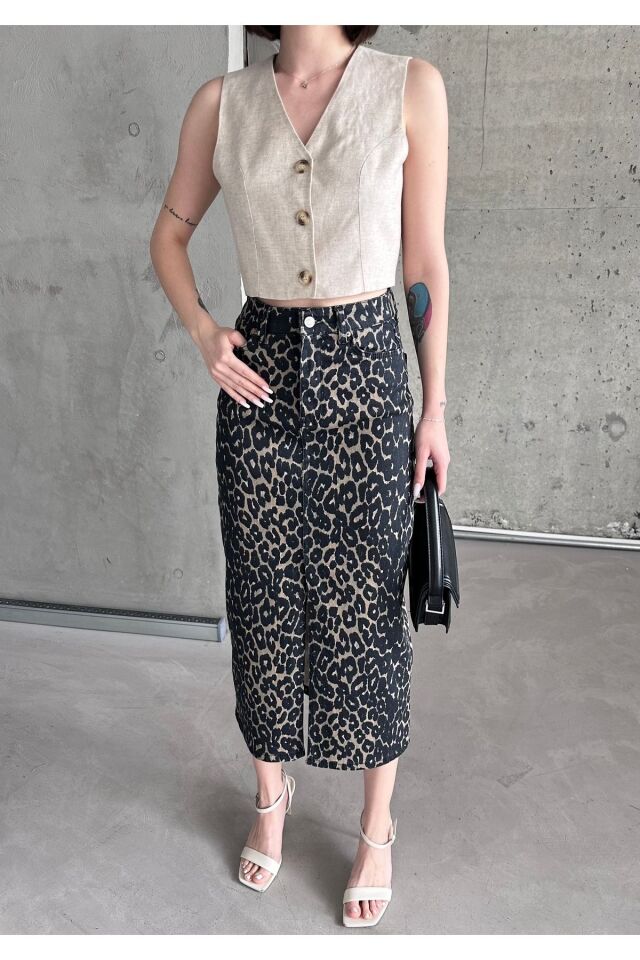 Kadın Yırtmaçlı Siyah Haki Renk Leopar Desen Likralı Kot Etek Yeşil - L